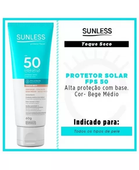 PROTETOR SOLAR SUNLESS FACIAL FPS 50 BEGE MEDIO 60G TOQUE SECO (FARMAX)